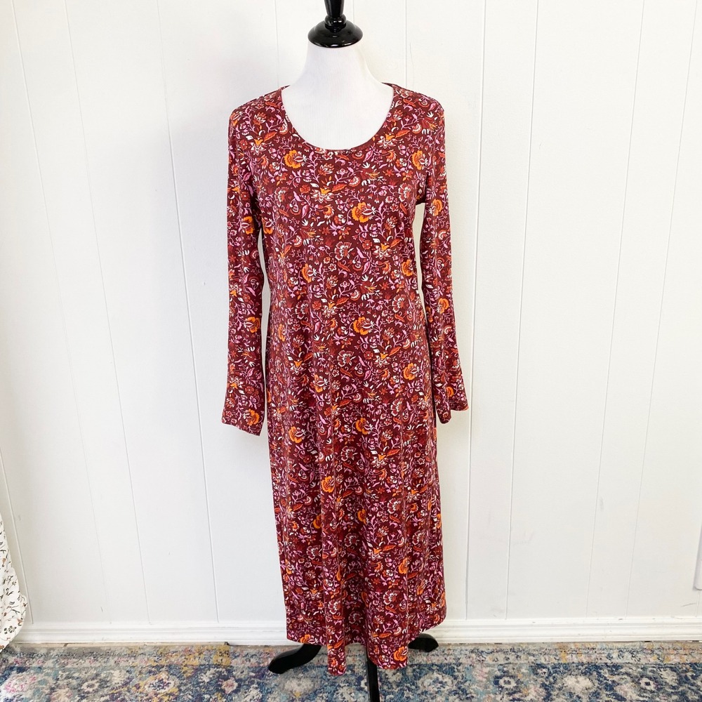 Lands End Floral Paisley Cotton Long Sleeve Midi Dress Burgundy Size Small
